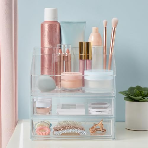 STORi Chloe Stackable Makeup Holder & Drawer Organizer Set, Clear, BPA-Free Plastic, Made in USA, Organize Brushes, Cosmetics & Beauty Essentials - style: Organizer & Drawer Set
