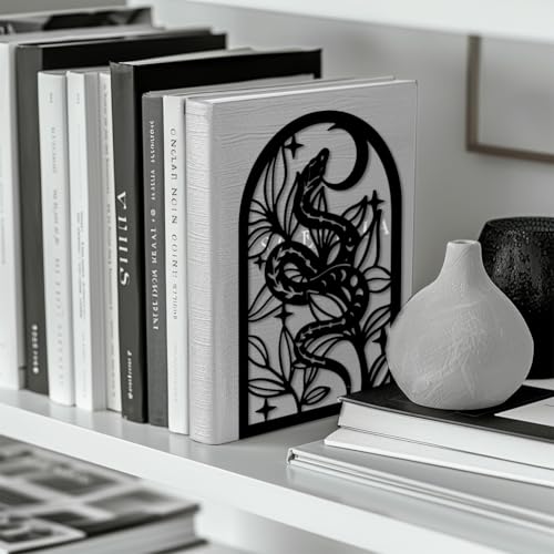 Peacoblue Metal Bookends for Shelves, Modern Decorative Heavy Duty Study Book Support Stoppers for Office, Desk, Shelf, Room 5.3"x4.3"x7.9" Cast Iron Simple Bookends, 1 Pair (Bohemia Snake and Flower) - style: Bohemia Snake and Flower