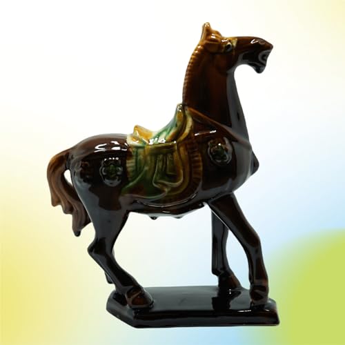 Handmade -Tang Dynasty Tri-Color Horse Sculpture Ceramic Horse-19cm Cultural Art Piece for Home,Bookcase or Office Decor (Brown) - color: Brown