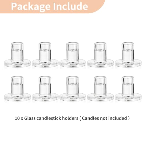 NUPTIO Glass Candle Stick Holder: Set of 10 Clear Small Taper Candlestick Holders for Tapered Candles Bulk Crystal Short Tapers Candlesticks Candleholder for Dining Table Fireplace Mantle Decor - size: 10 Pcs