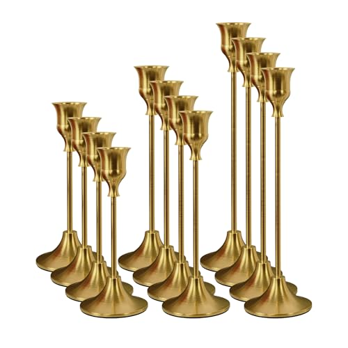 NLBTW Set of 12 Brass Gold Taper Candle Holders, Candlesticks Holders Bulk, Vintage Candlestick Holder Decorative Metal Candle Sticks Home Decor Centerpieces for Table Mantel Festive Decorations - color: Brass Gold, size: 4 sets (12 pcs)
