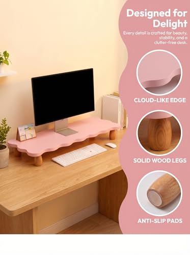 Monitor Stand Riser, Cloud-Shaped Sturdy Wood Computer Monitor Riser, Laptop Monitor Stand, Multi-Purpose Desktop Organizer Riser for Computer, Laptop, Printer, TV (Pink) - color: Pink