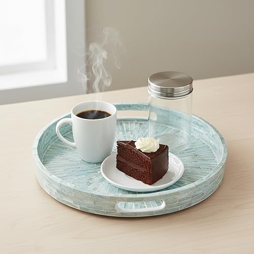 PEMAR 12.6” Mother of Pearl Round Serving Tray with Handles, Decorative Nacred Wooden Ottoman Coffee Table Tray (Teal Sunlight) - color: Teal Sunlight