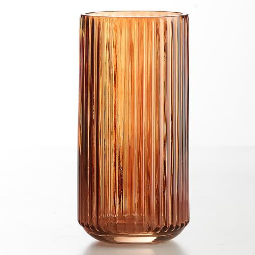 Ekirlin Amber 7.5 inch Flower Vase for Home Decor, Thickened Hand Blow Glass Vase Round Vintage Striped Bottles for Bookshelf,Dinner Table,Indoor Office Desktop,Meeting Room,Bathroom, Best Gift - color: Amber, size: 7.5 in