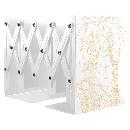 Dragon Bookends, Adjustable Bookends, Unique Book Holders for Shelves, Metal Book Ends for Heavy Books, Non-Skid Book Stander for Desk, Shelf, Office, Stationery Gift (White 2) - color: White 2