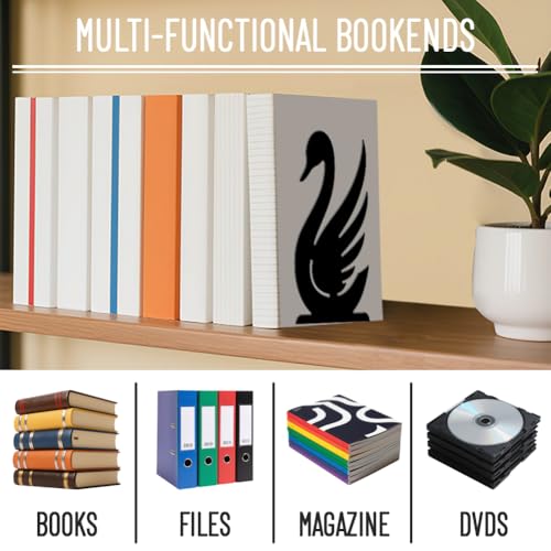 WADORN 1 Pair Swan Metal Decorative Bookend for Shelves, Heavy Duty Book Ends Modern Non-Skid Books Holder Stand Black Book Support Stoppers for Desk Bookshelf Office Home, 5.3x4.3x7.8 Inches - color: Swan