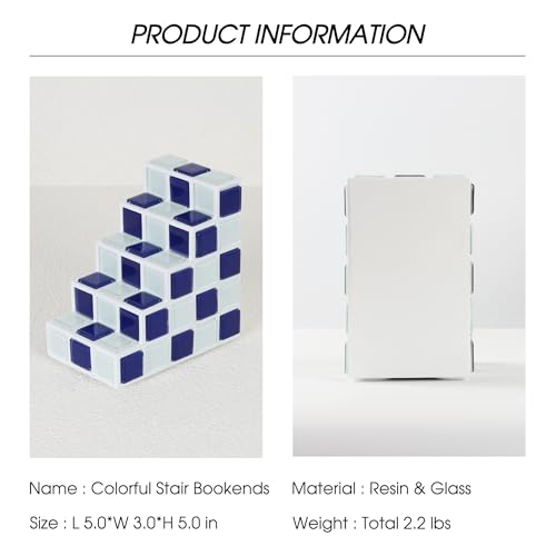 Decorative Bookends for Shelves - Stair Book Ends for Heavy Books - Unique Book Stopper & Holder for Shelves - Modern Home Decor Aesthetic Bookshelf Decor (Blue & White) - color: Blue & White