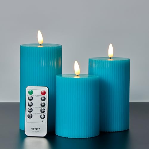 VENTA Turquoise Flameless Pillar Candles, Set of 3 (4" 5" 6") | Realistic Flickering Teal LED Candles with Remote & Timer | Perfect for Coastal, Boho & Modern Home Decor - color: Turquise Ribbed