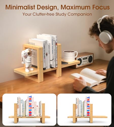 Small Adjustable Desk Bookshelf Organizer – Open Bookend Shelf Flexible to Fit as Much or as Little with Slide-in Joints | Portable, Reversible for Class, Dorm, Home Office | Bamboo - color: Bright Bamboo