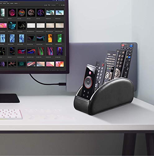 All-in-One Leather TV Remote Control Holder Black with 5 Compartments Nightstand Desktop DVD Media Player Remote Caddy Storage Box Organizer Tray For Makeup Brush Pen Stationary Table Controllers - color: Black, size: Small