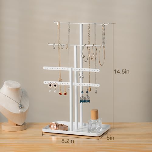 pickpiff Jewelry Stand Organizer, 14.5" Tall Sturdy Metal, 3-TierJewelry Holder for Necklace, Earring, Bracelet, Ring, Hanger for Display and Storage, Aesthetic Room Decor, White - color: White, size: 14.5" Height
