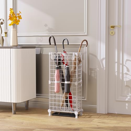 AWTATOS Umbrella Holder Entryway, Umbrella Stand Freestanding, Metal Square Umbrella Rack Organizer with a Removable Drip Tray, Hooks, White - color: White