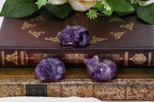 LAIDANLA Amethyst Cat Healing Crystals Figurine Sleeping Cat Hand Carved Cute Statue Polished Stone Sculpture Reiki Office Room Bedroom Desk Home Decoration Gifts 1.6" - color: D-amethyst