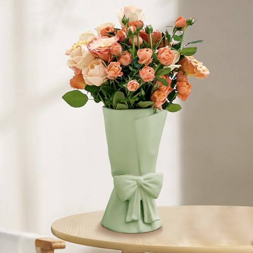 Relexome Green Ceramic Bow Vase 9.64 in Unique Cute Modern Decorative Bouquet Flower Vases for Home Living Room Table Decor Women Girl Gifts - color: Matte Green