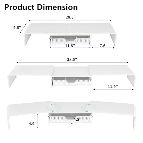 LEKETREE Dual Monitor Stand Riser with Drawer, Desk Organizer and Accessories, Metal Laptop Stand for Desk, Workspace Desktop Stand for Computer, Laptop, TV and More (White) - color: White