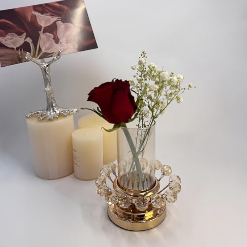 Hurricane Candle Holder, Gold Pillar with Crystal Accents & Windproof Glass Lid - Elegant Centerpiece for Weddings, Dinners, Party Decor - size: X-Small