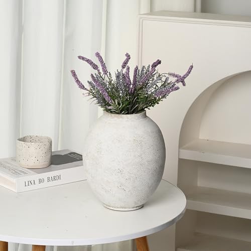 Large Textured White Ceramic Pottery Vase - 9.6'' Tall Rustic Farmhouse Round Vases for Home Decor, Big Decorative Terracotta Vase for Living Room, Fireplace, Table, Shelf - style: Modern Farmhouse Barn