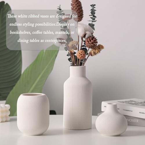 Ceramic Vase Set of 3, Decorative Vases Home Decor Modern Minimalist Pottery Vases for Bouquet Pampas Grass Dried Fresh Flowers, Bookshelf, Living Room, Shelf, Bedroom, Entryway Mantel Decor-White - color: White