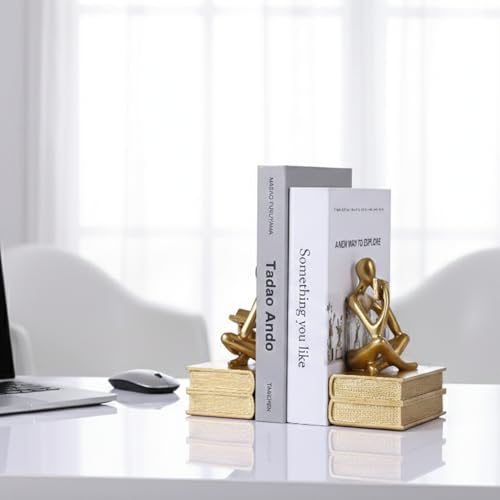 Abstract Resin Reader Bookends Set of 2,Modern Decorative Book Ends for Shelves,Unique Book Shelf Accents & Coffee Table Decor,Reading Bookend Statue for Home Office Library (Gold, Thinker Bookends) - color: Gold