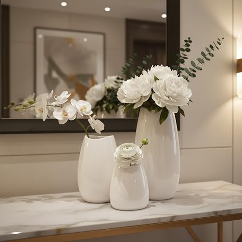 hjn Ceramic Vase Set of 3 White Flower Vase for Home Decor, Modern Decorative Vases for Flowers/Ideal Shelf Decor/Table/Living Room/Kitchen/Office-White - color: White