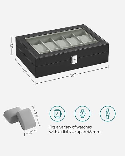 SONGMICS Watch Box, 12-Slot Watch Case Organizer with Large Glass Lid, Removable Pillows, Gift for Loved Ones, Black Synthetic Leather, Gray Lining UJWB12BK - color: Black + Gray, size: 12 Slot