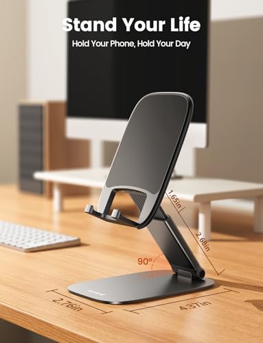Lamicall Foldable Cell Phone Stand for Desk - [Ultra Thin] Portable Travel Holder, Height Adjustable, Weighted Metal Base, Thick Case Friendly for iPhone 17 16 15 Pro Max, Galaxy S26, Gift Mothers Day - color: A-Black