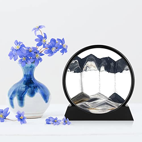 Herecanli Moving Sand Art Picture - 3D Quicksand Painting Decor - Round Glass 3D Deep Sea Sandscape - Relaxing Decoration for Home,Office,Desk,Mantle,Bookshelf,Room- (Black, 12 in) - color: Black, size: 12"