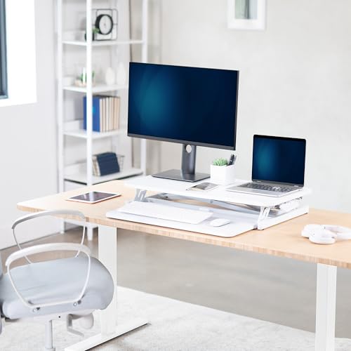 VIVO Desk Converter 32 inch Height Adjustable, MDF Wood Sit to Stand Riser, White, DESK-V000SW - color: White, size: 32"