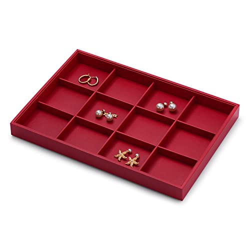 Oirlv Gorgeous Red Leather Jewelry Tray 12 Grid Jewelry Drawer Organizer Bracelet Earrings Watches Storage - color: Red, size: 12 Grid Tray
