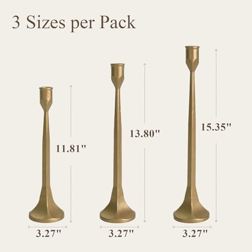 Gold Iron Taper Pillar Candle Holders Set of 3, Candlestick Holders Rustic Vintage Decorations, Tall Candle Stand for Home Decor Mantle Dining Coffee Table Outdoor Wedding-11.8"+13.8"+15.4" - color: Gold