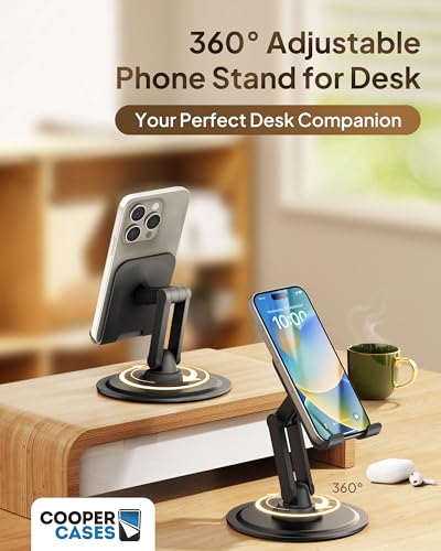 COOPER 360° Stand, Rotating Cell Phone Stand for Desk | Sturdy Metal Base, Foldable, Portable | Cell Phone Holder for Desk (Piano Black) - color: A - Piano Black