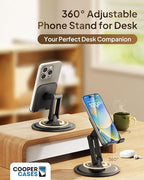 COOPER 360° Stand, Rotating Cell Phone Stand for Desk | Sturdy Metal Base, Foldable, Portable | Cell Phone Holder for Desk (Piano Black) - color: A - Piano Black