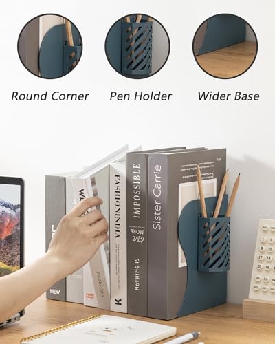 Kingsmile Book Ends, Adjustable Bookends for Shelves, Metal Bookends for Heavy Books, Book Stopper Organzier with Pen Holder for Desk, Kids Room, Office, Classroom, Library, Study Room.(Blue) - color: Blue