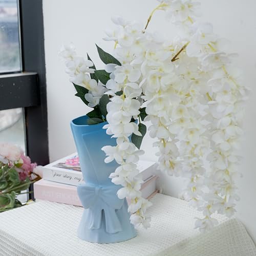 Relexome Gradient Blue White Ceramic Bow Vase 9.64 in Unique Cute Modern Decorative Bouquet Flower Vases for Home Living Room Table Decor Women Girl Gifts - color: Matte Blue White