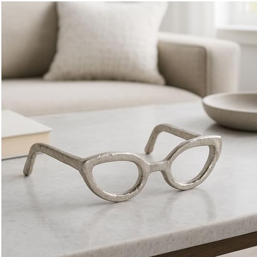 Cateye Glasses Decorative Object – Aluminum Sculpture Modern Home Decor Ornament – Shelf Styling & Coffee Table Decor for Bathroom, Office & Living Room – 7"x3", Silver - color: Silver Cateye