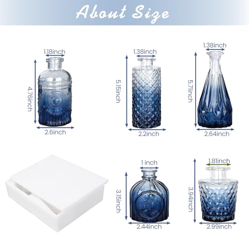 TBWIND Glass Bud Vase Set of 5, Small Blue Flower Vases for Centerpieces in Bulk, Mini Vintage Vase for Wedding Decor, Single Flowers, and Home Table Décor - color: 5pcs-blue