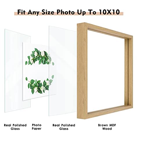 MUYE 10x10 Floating Frame Set of 2,Double Glass Square Photo Frame,Display Any Size Photo up to 10x10,Wall Mount or Tabletop Standing,Natural - color: Natural, size: 10x10