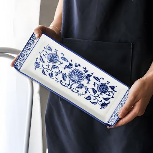 11" Blue and White Porcelain Serving Tray, Blue and White Decor Elegant Coffee Table Tray, Handcrafted Coffee Table Tea Tray Decor, Ceramic Small Tray for Kitchen Sandwich Snack Appetizer Dessert