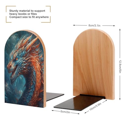 Dragon Art Bookend Wood Book End for Shelves Heavy Duty Non-Slip Wooden Bookend Support Universal Economy Bookends Fancy Modern Decorative Book Accessories 1 Pairs