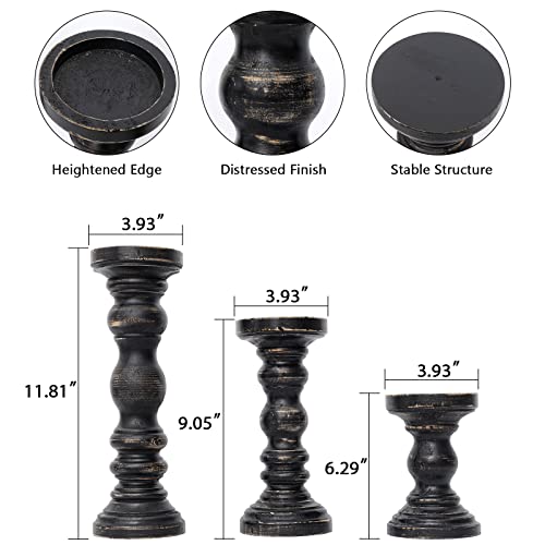 SWALLOWLIVING Rustic Farmhouse Wood Pillar Candle Holder Set of 3 for Candlestick, Black - color: Black