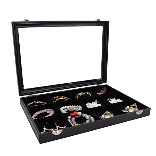Wudygirl Jewelry Tray 12 Grid Jewelry Organizer with Clear Lid Bracelet Holder Organizer Display Case Removable, Black Velvet (12 Grid) - style: 12 Grid Tray