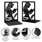 2 Pcs Metal Bookends, Unique Decorative Bookends with Reading Theme Cute Black Book Stopper for Multiple Home Styles Reading Room - style: Reading Girl