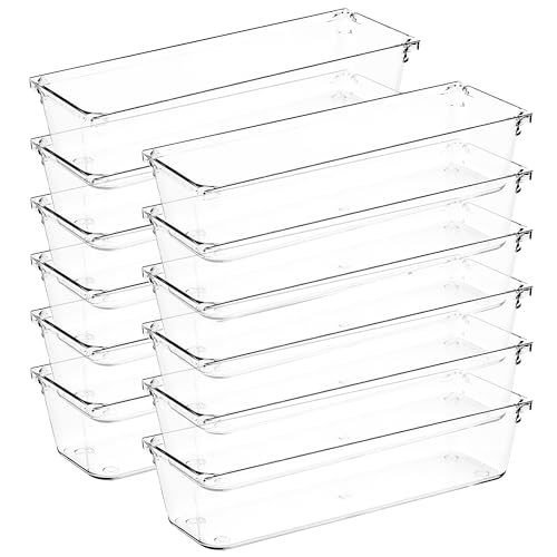 12 Pack Drawer Organizer - 3" X 9" Clear Acrylic Storage Bins with Non-Slip Pads, Versatile Desk Tray for Makeup, Jewelry, Kitchen, Bathroom, and Office Organization - size: 3"X 9"