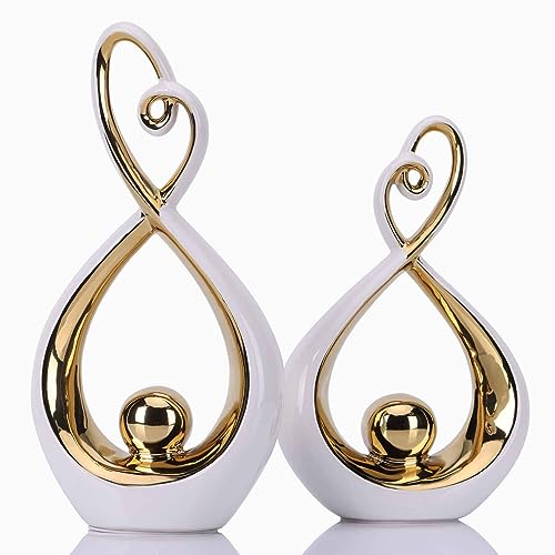 DOVDOV Modern Art Home Decor, Ceramic Abstract Sculpture 2 Piece Set, White and Gold Room Decor, Gorgeous Home Decor for Office, Shelf, Coffee Table and Desktop Decor Aesthetics. - color: 55-2
