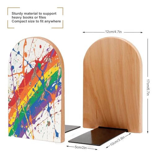 Colorful Paint Splatter Art Bookend for Shelves Study Wood Bookend Support Heavy Duty Book End Non-Skid Decorative Book Stopper Book Organizer for Home Office Desktop Organizer 1 Pairs