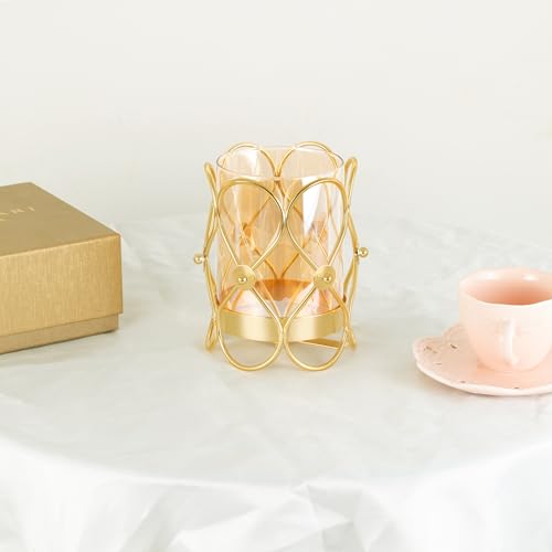 Hurricane Candle Holder, Gold Pillar Candle Holder with Geometric Decorative Accents & Windproof Glass Lid, Perfect for Weddings, Dinners, Parties & Special Events - size: 15cm