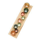 Creative Co-Op Round Glass Votive Holders on Wood Tray, Yellows & Greens, Set of 9 - color: Yellow/Green