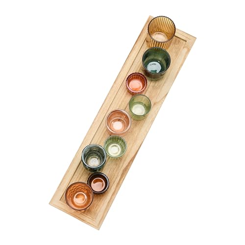 Creative Co-Op Round Glass Votive Holders on Wood Tray, Yellows & Greens, Set of 9 - color: Yellow/Green