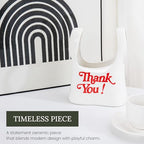 Handmade Ceramic Bag Flower Vase with Red “Thank You” Print | Glossy White Purse Vase for Modern Home Decor, Mantel, Kitchen, Living Room, Table Centerpiece