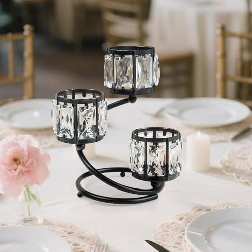 Metal 3 Arm Crystal Candle Holder - Tea Light Centerpiece Candle Holder, Votive Holder with Sparkling Crystal Bowl, Suitable for Wedding, Table Centerpiece, Home Decor (1, 3 arm-Black) - size: 3 arm-Black
